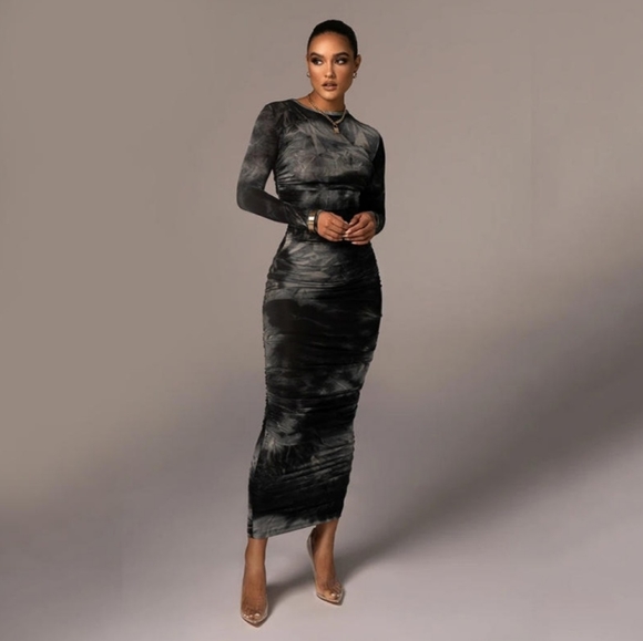 BRAND NEW BLACK /GREY SPANDEX  TIE DIE DRESS #VERYFLATTERING - Picture 1 of 3